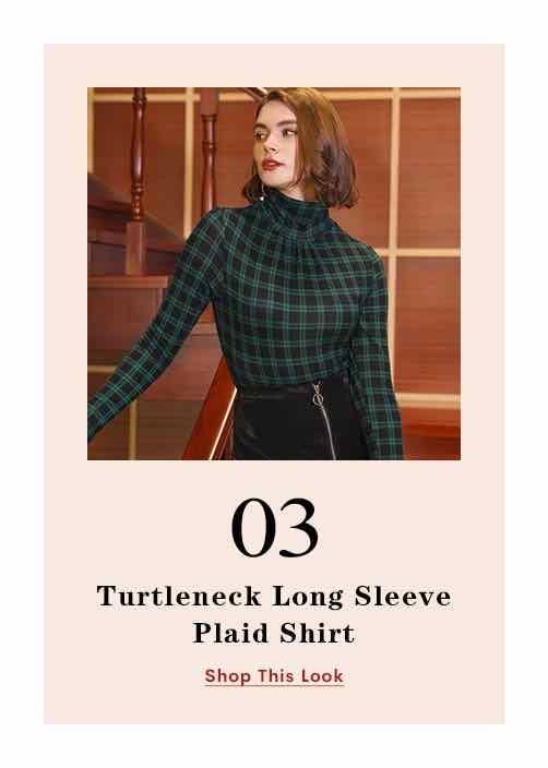 Allegra K Turtleneck Long Sleeve Plaid Shirt