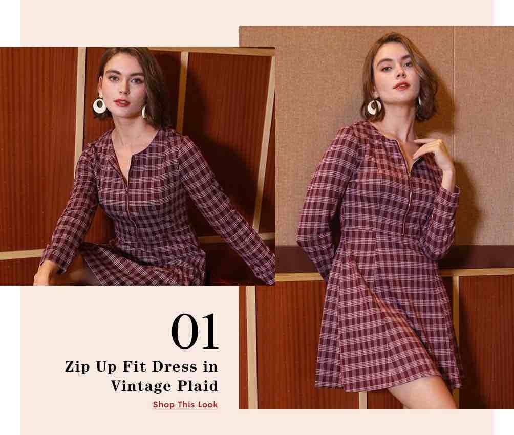 Allegra K Zip Up Fit Dress In Vintage Plaid