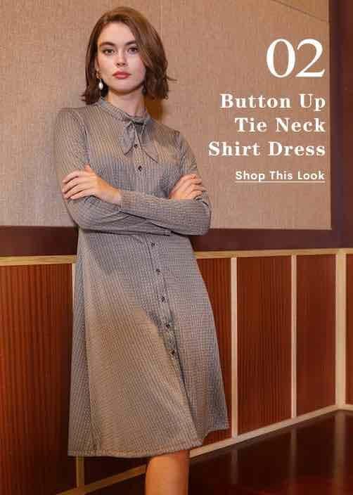 Allegra K Button Up Tie Neck Shirt Dress